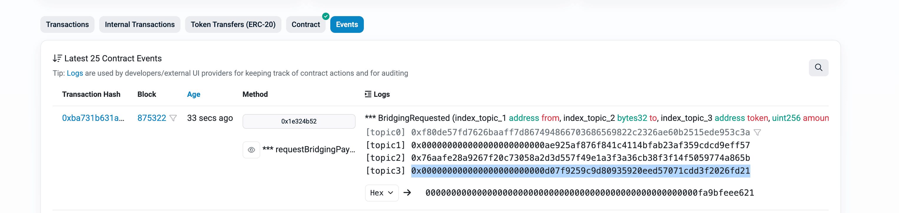 Event hash USDT for Bridging